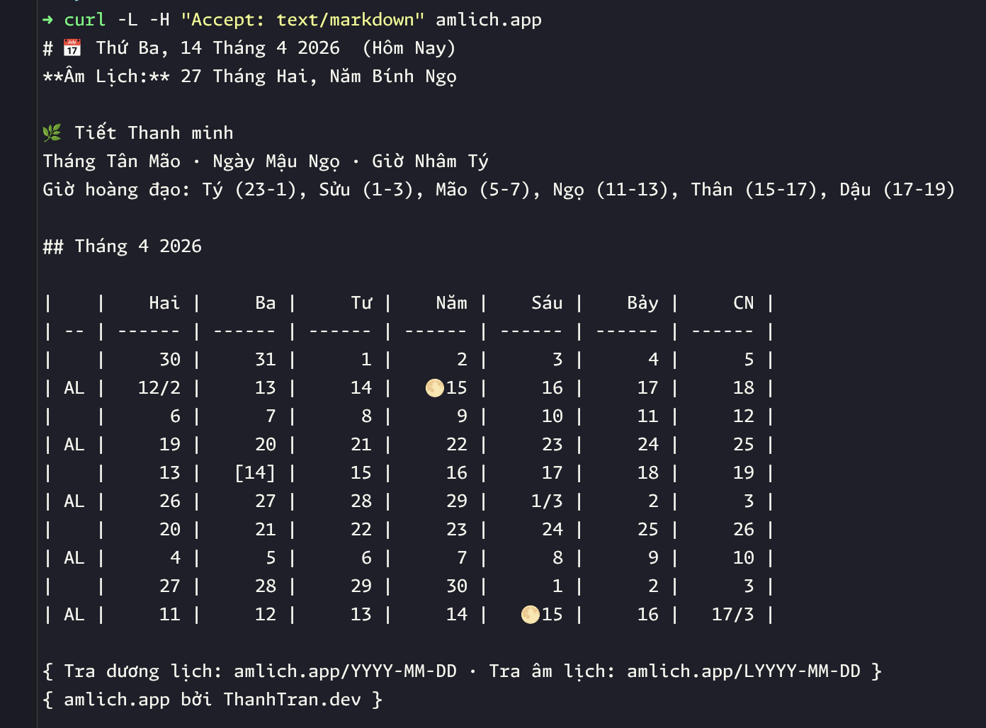 Markdown output của amlich.app cho AI Agent